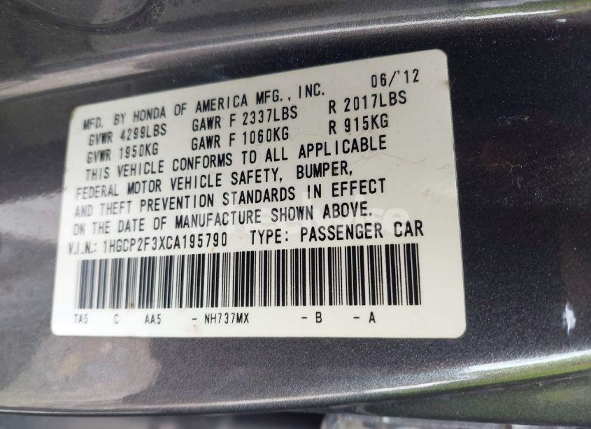 Photo 9 of 2012 Honda Accord 2.4 LX (VIN 1HGCP2F3XCA195790)