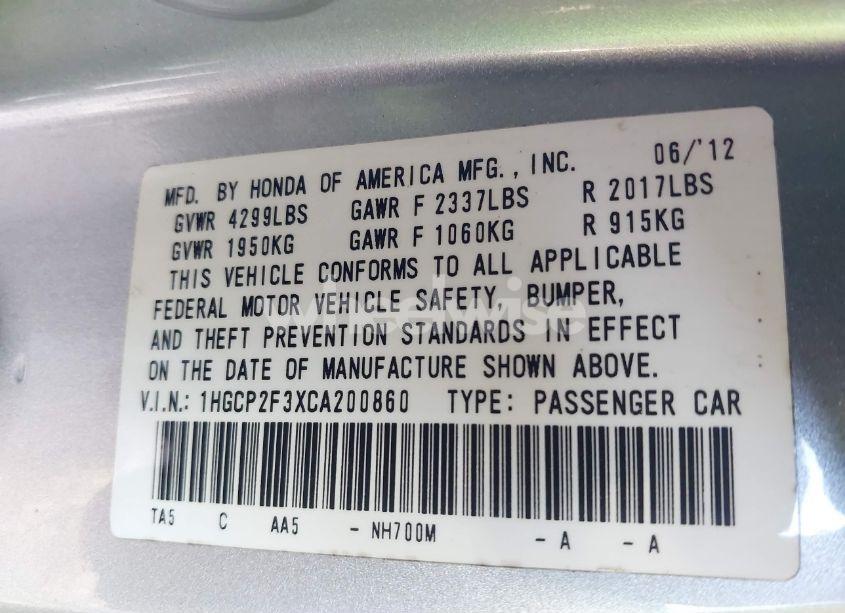 Photo 9 of 2012 Honda Accord 2.4 LX (VIN 1HGCP2F3XCA200860)