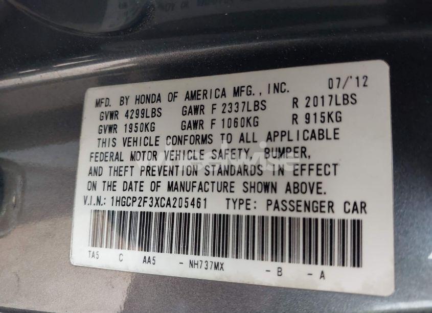 Photo 9 of 2012 Honda Accord 2.4 LX (VIN 1HGCP2F3XCA205461)