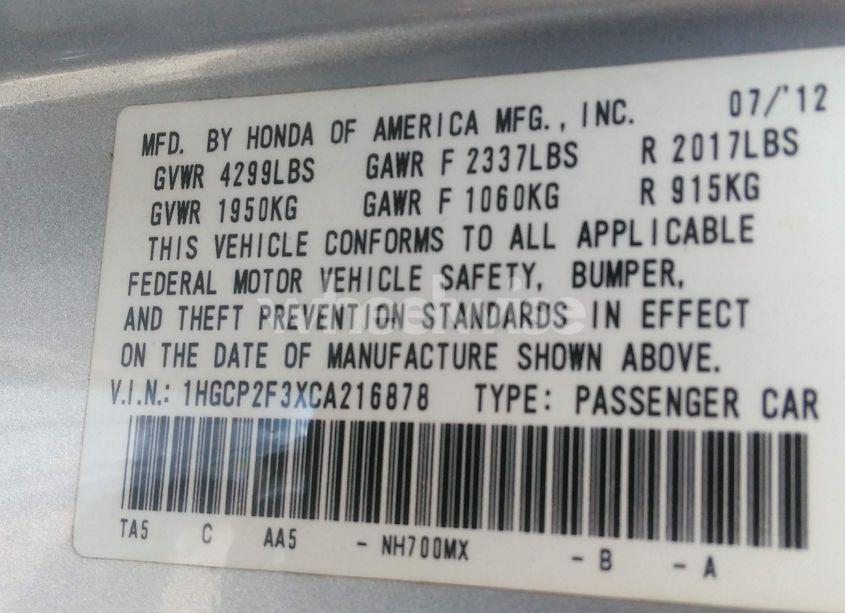Photo 9 of 2012 Honda Accord 2.4 LX (VIN 1HGCP2F3XCA216878)