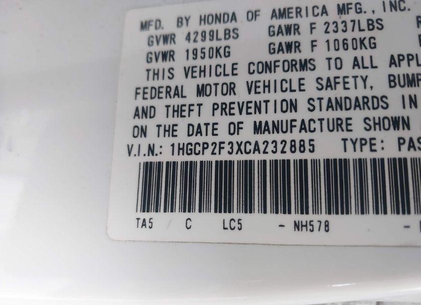 Photo 9 of 2012 Honda Accord 2.4 LX (VIN 1HGCP2F3XCA232885)
