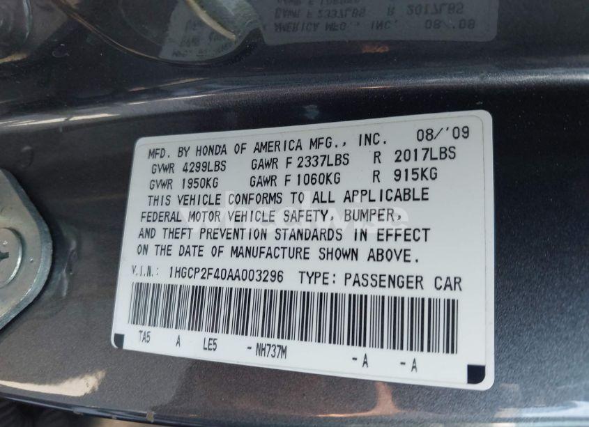 Photo 9 of 2010 Honda Accord 2.4 LX-P (VIN 1HGCP2F40AA003296)