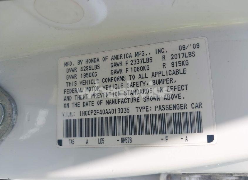 Photo 9 of 2010 Honda Accord 2.4 LX-P (VIN 1HGCP2F40AA013035)