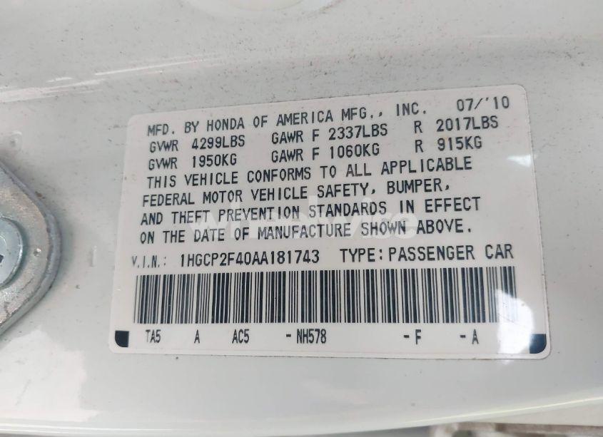 Photo 9 of 2010 Honda Accord 2.4 LX-P (VIN 1HGCP2F40AA181743)
