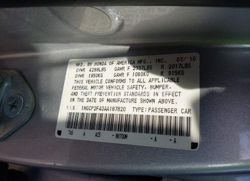 Photo 9 of 2010 Honda Accord 2.4 LX-P (VIN 1HGCP2F40AA187820)