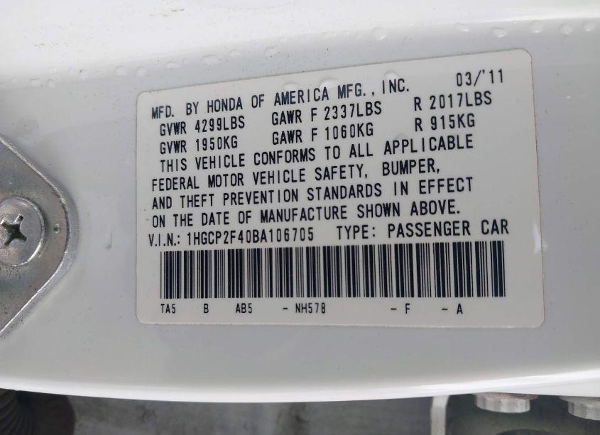 Photo 9 of 2011 Honda Accord 2.4 LX-P (VIN 1HGCP2F40BA106705)
