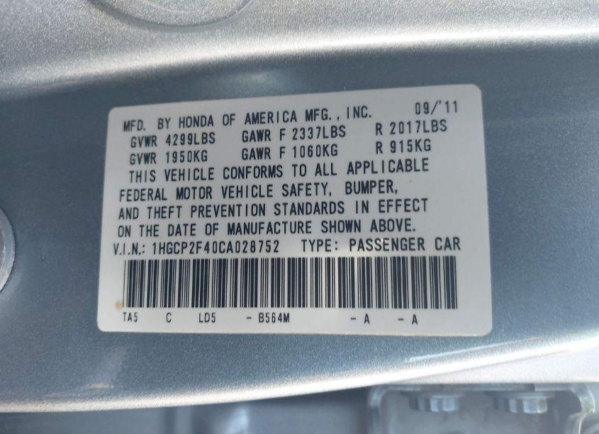 Photo 9 of 2012 Honda Accord SDN LX PREMIUM (VIN 1HGCP2F40CA028752)