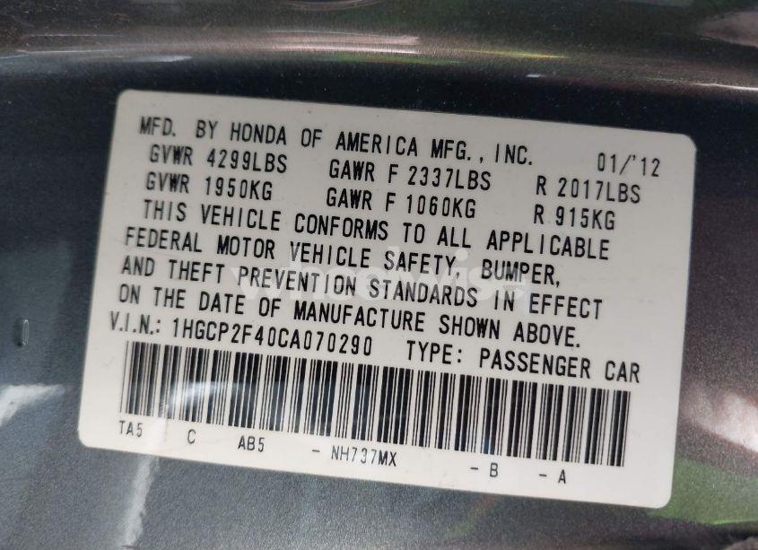 Photo 9 of 2012 Honda Accord 2.4 LX-P (VIN 1HGCP2F40CA070290)