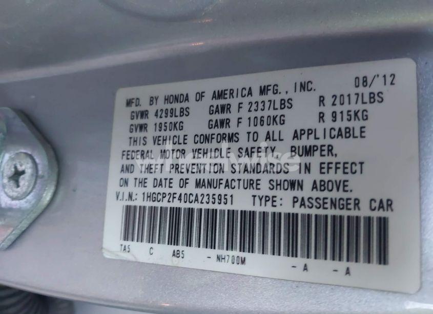 Photo 9 of 2012 Honda Accord SDN LX PREMIUM (VIN 1HGCP2F40CA235951)