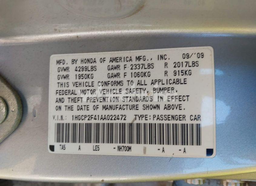 Photo 9 of 2010 Honda Accord 2.4 LX-P (VIN 1HGCP2F41AA022472)