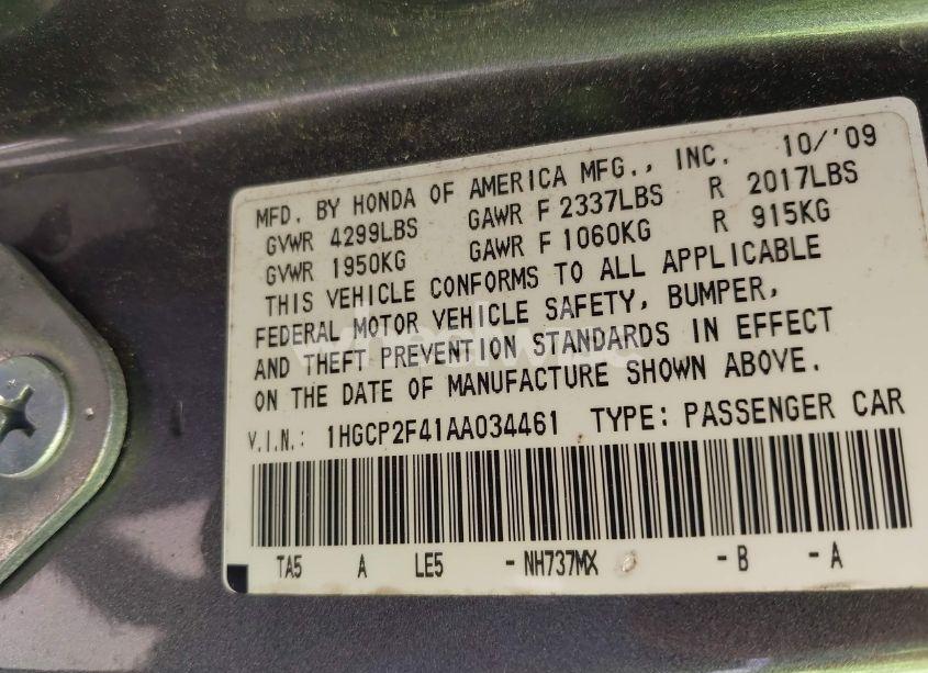Photo 9 of 2010 Honda Accord 2.4 LX-P (VIN 1HGCP2F41AA034461)