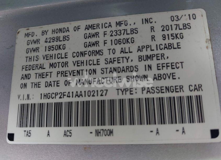 Photo 9 of 2010 Honda Accord 2.4 LX-P (VIN 1HGCP2F41AA102127)