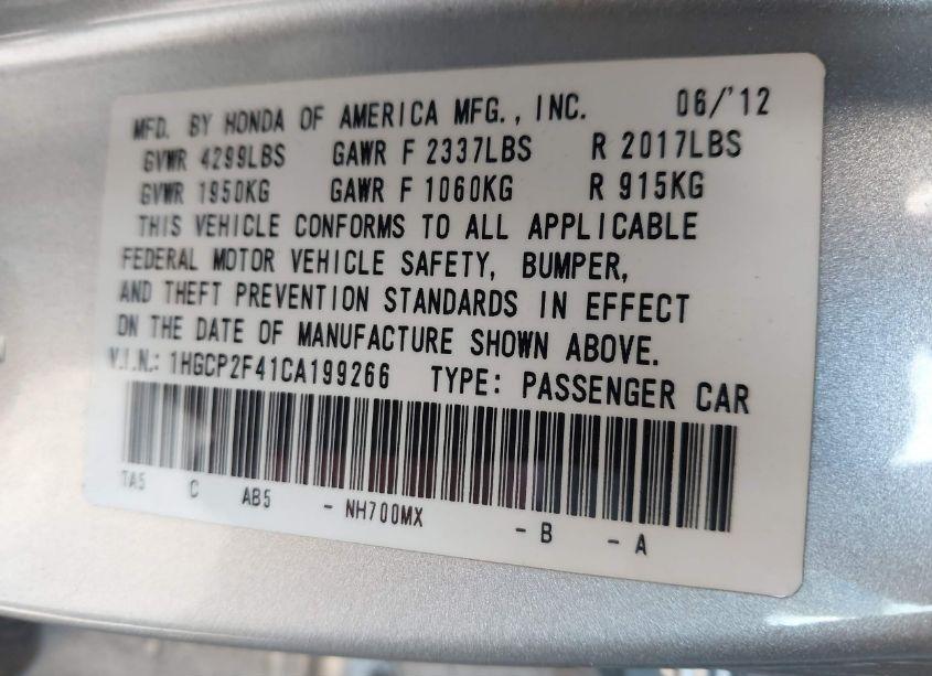Photo 9 of 2012 Honda Accord 2.4 LX-P (VIN 1HGCP2F41CA199266)