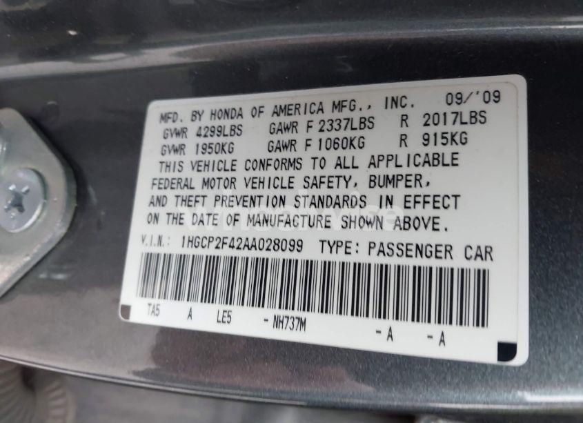 Photo 9 of 2010 Honda Accord 2.4 LX-P (VIN 1HGCP2F42AA028099)