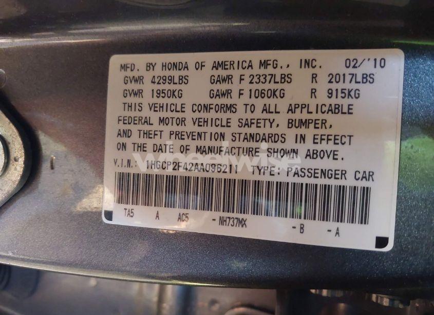 Photo 9 of 2010 Honda Accord 2.4 LX-P (VIN 1HGCP2F42AA096211)