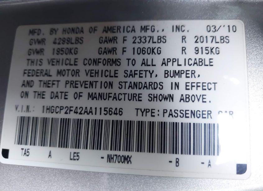 Photo 9 of 2010 Honda Accord 2.4 LX-P (VIN 1HGCP2F42AA115646)