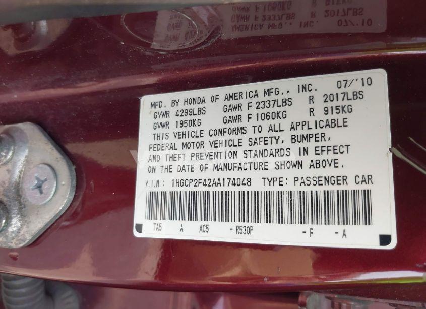 Photo 9 of 2010 Honda Accord 2.4 LX-P (VIN 1HGCP2F42AA174048)