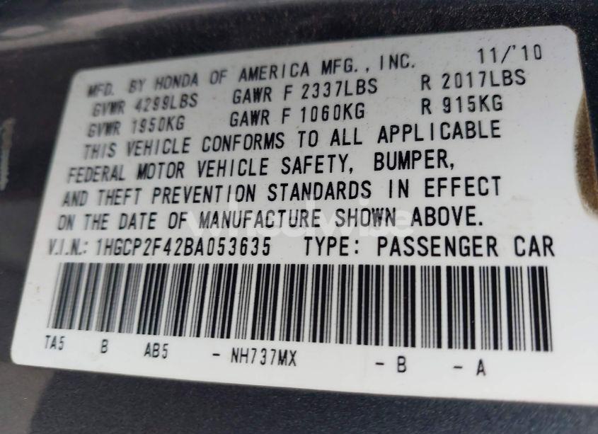 Photo 9 of 2011 Honda Accord 2.4 LX-P (VIN 1HGCP2F42BA053635)