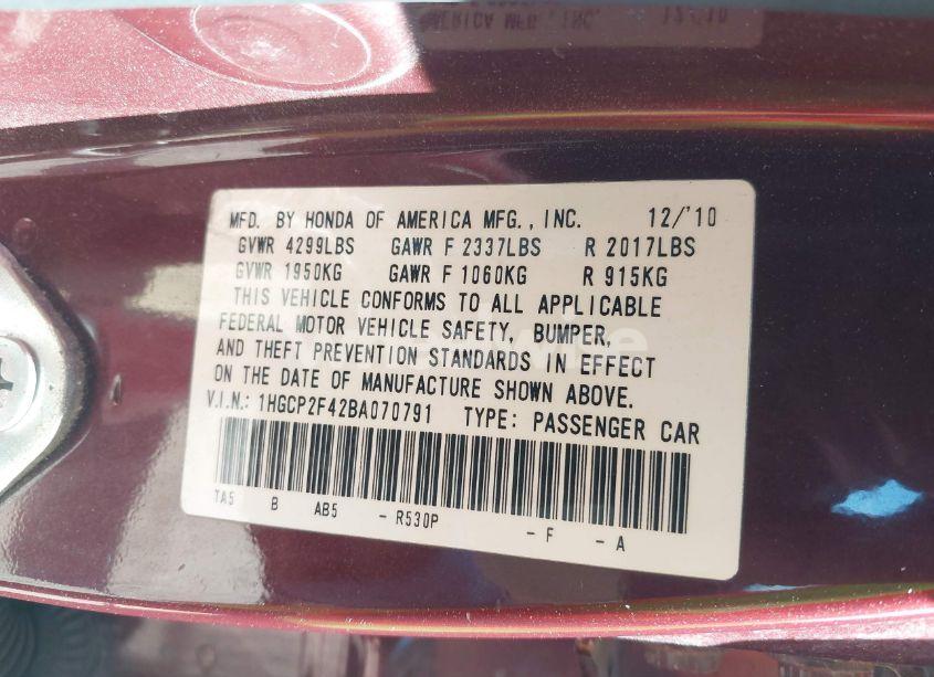Photo 9 of 2011 Honda Accord 2.4 LX-P (VIN 1HGCP2F42BA070791)