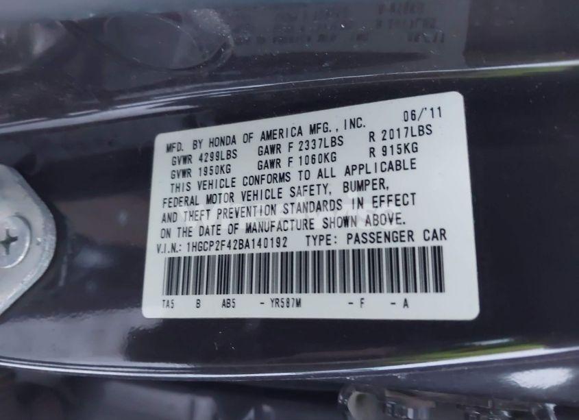 Photo 9 of 2011 Honda Accord 2.4 LX-P (VIN 1HGCP2F42BA140192)