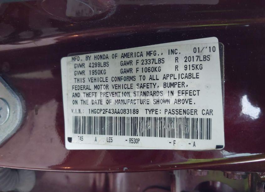 Photo 9 of 2010 Honda Accord 2.4 LX-P (VIN 1HGCP2F43AA083189)