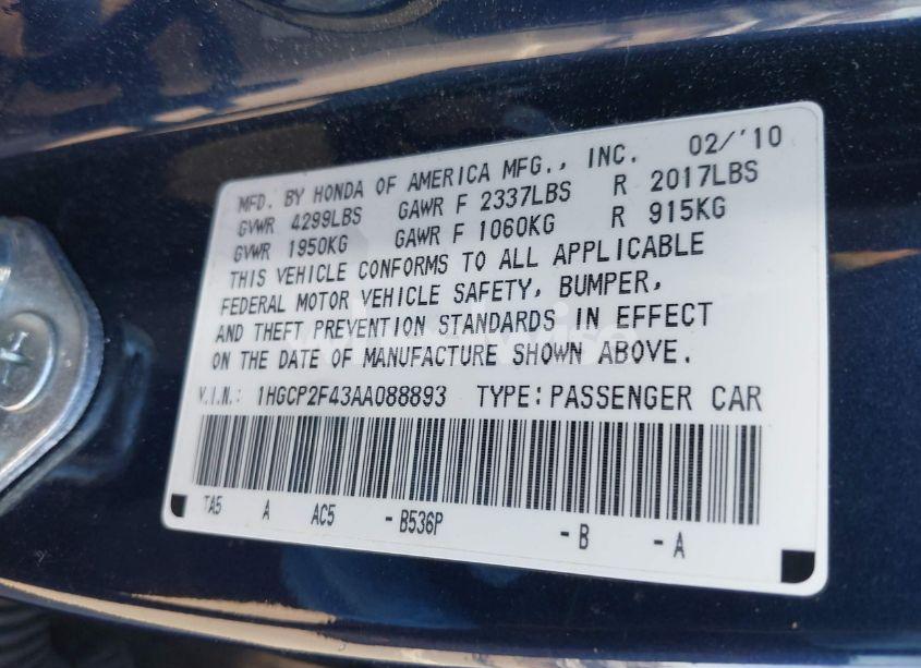 Photo 9 of 2010 Honda Accord 2.4 LX-P (VIN 1HGCP2F43AA088893)