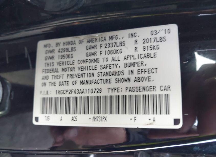 Photo 9 of 2010 Honda Accord 2.4 LX-P (VIN 1HGCP2F43AA110729)