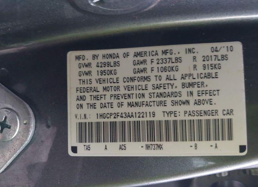 Photo 9 of 2010 Honda Accord 2.4 LX-P (VIN 1HGCP2F43AA122119)