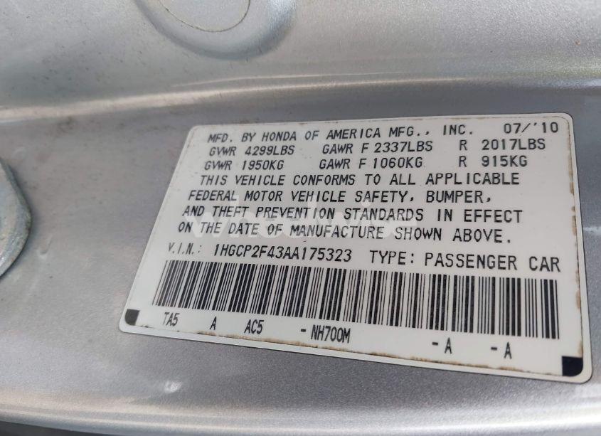 Photo 9 of 2010 Honda Accord 2.4 LX-P (VIN 1HGCP2F43AA175323)