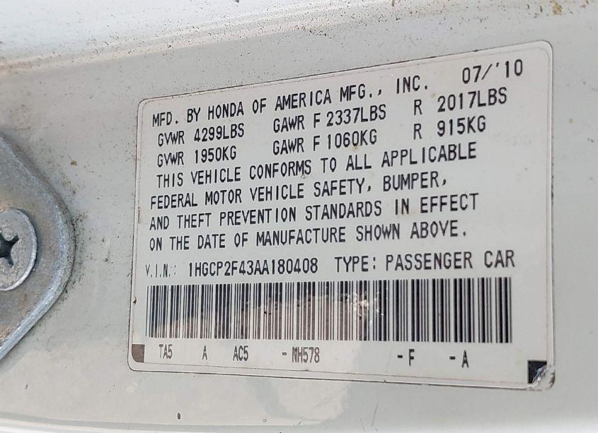 Photo 9 of 2010 Honda Accord 2.4 LX-P (VIN 1HGCP2F43AA180408)