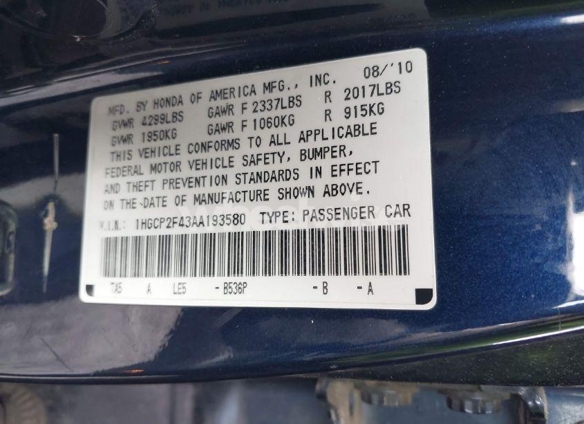 Photo 9 of 2010 Honda Accord 2.4 LX-P (VIN 1HGCP2F43AA193580)