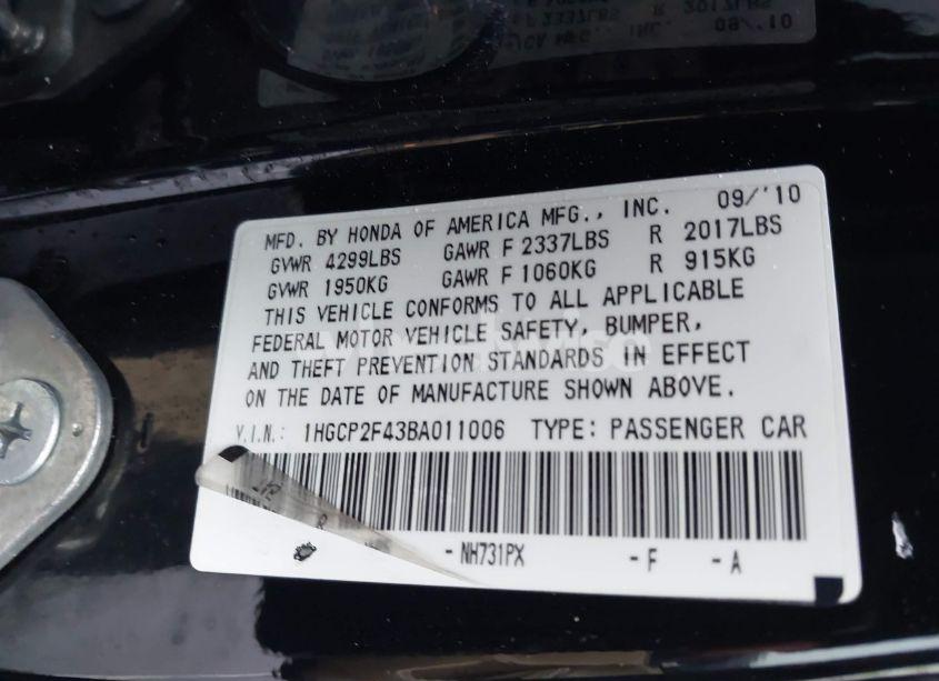 Photo 9 of 2011 Honda Accord 2.4 LX-P (VIN 1HGCP2F43BA011006)