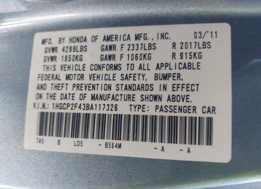 Photo 9 of 2011 Honda Accord 2.4 LX-P (VIN 1HGCP2F43BA117326)