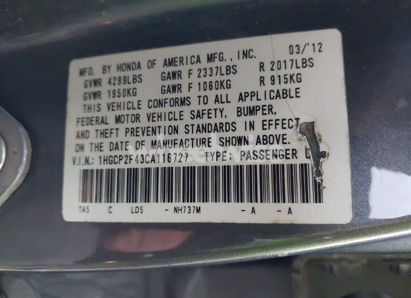 Photo 9 of 2012 Honda Accord 2.4 LX-P (VIN 1HGCP2F43CA116727)