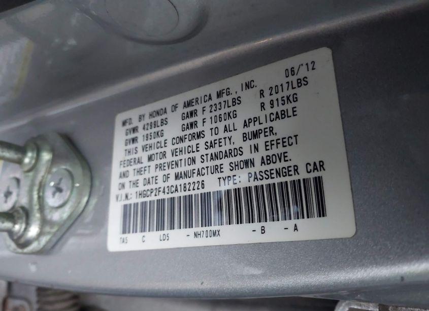 Photo 9 of 2012 Honda Accord SDN LX PREMIUM (VIN 1HGCP2F43CA182226)