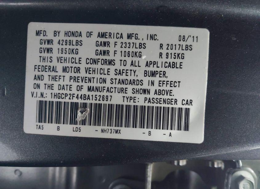 Photo 9 of 2011 Honda Accord 2.4 LX-P (VIN 1HGCP2F44BA152697)