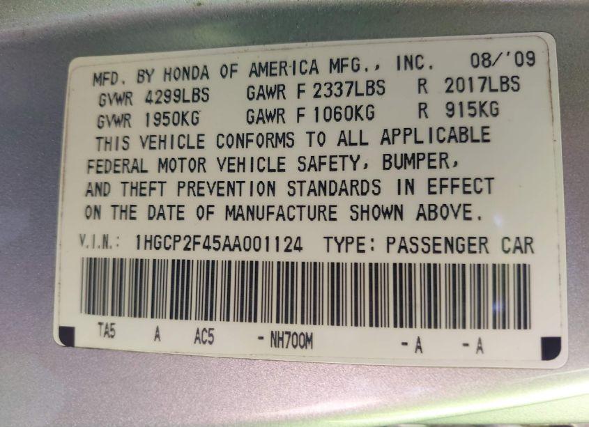 Photo 9 of 2010 Honda Accord 2.4 LX-P (VIN 1HGCP2F45AA001124)