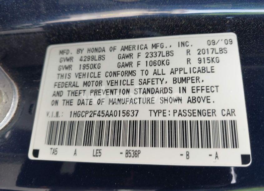 Photo 9 of 2010 Honda Accord 2.4 LX-P (VIN 1HGCP2F45AA015637)