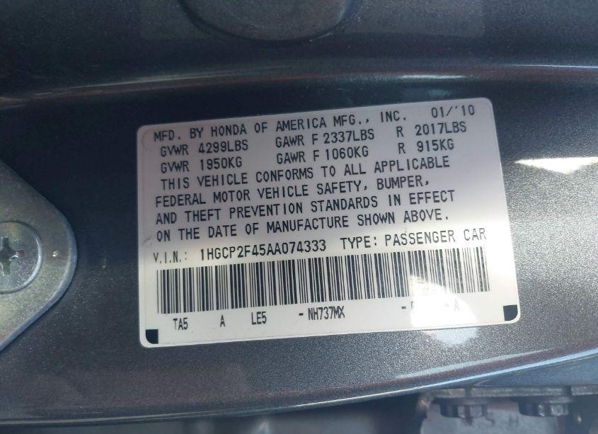 Photo 9 of 2010 Honda Accord 2.4 LX-P (VIN 1HGCP2F45AA074333)