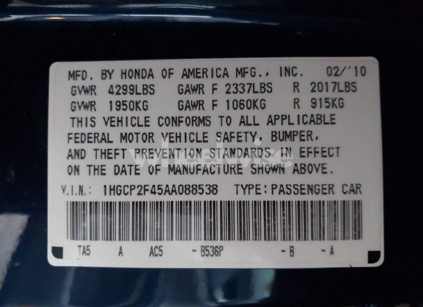 Photo 9 of 2010 Honda Accord 2.4 LX-P (VIN 1HGCP2F45AA088538)