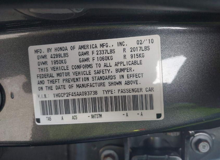 Photo 9 of 2010 Honda Accord 2.4 LX-P (VIN 1HGCP2F45AA093738)