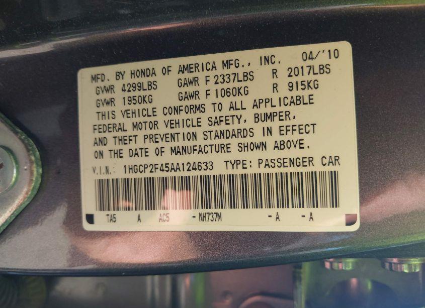 Photo 9 of 2010 Honda Accord 2.4 LX-P (VIN 1HGCP2F45AA124633)