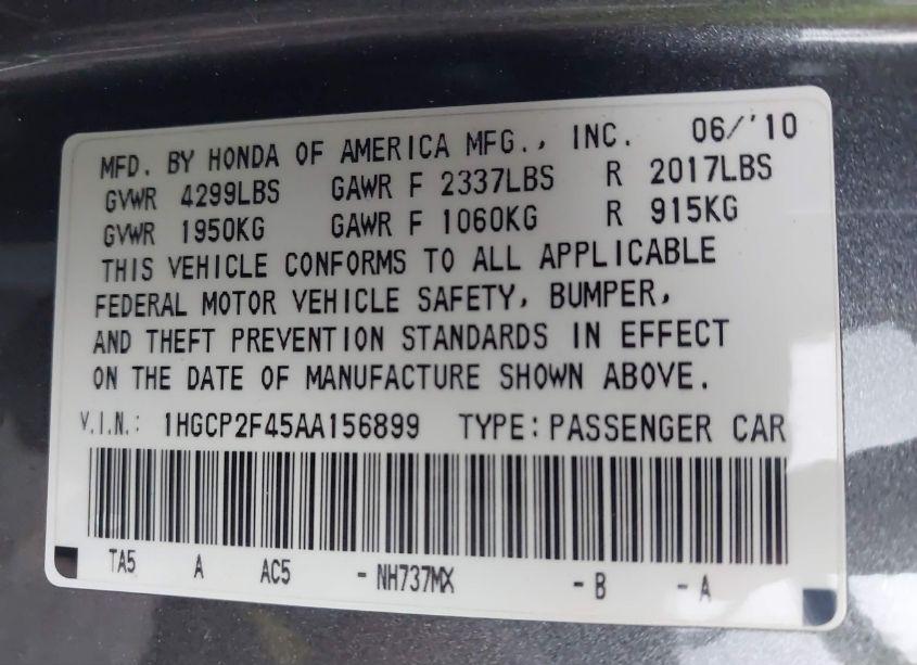 Photo 9 of 2010 Honda Accord 2.4 LX-P (VIN 1HGCP2F45AA156899)