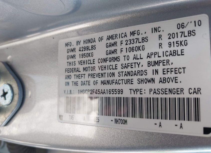 Photo 9 of 2010 Honda Accord 2.4 LX-P (VIN 1HGCP2F45AA165599)