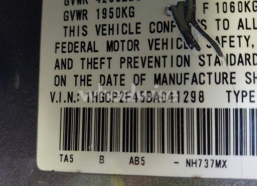 Photo 9 of 2011 Honda Accord SDN (VIN 1HGCP2F45BA041298)