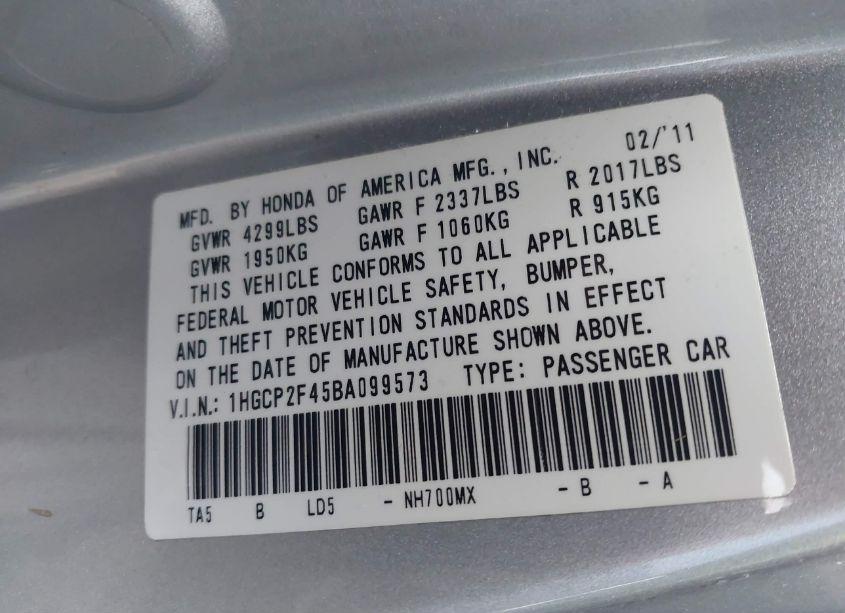 Photo 9 of 2011 Honda Accord 2.4 LX-P (VIN 1HGCP2F45BA099573)
