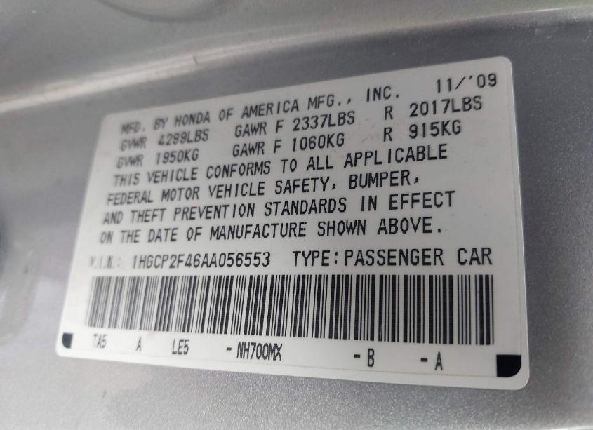 Photo 9 of 2010 Honda Accord 2.4 LX-P (VIN 1HGCP2F46AA056553)