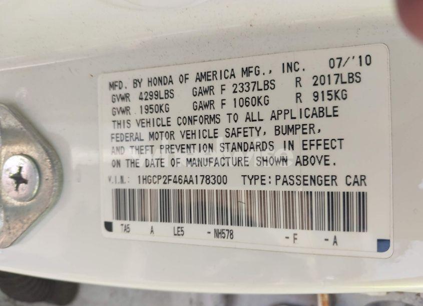 Photo 9 of 2010 Honda Accord 2.4 LX-P (VIN 1HGCP2F46AA178300)