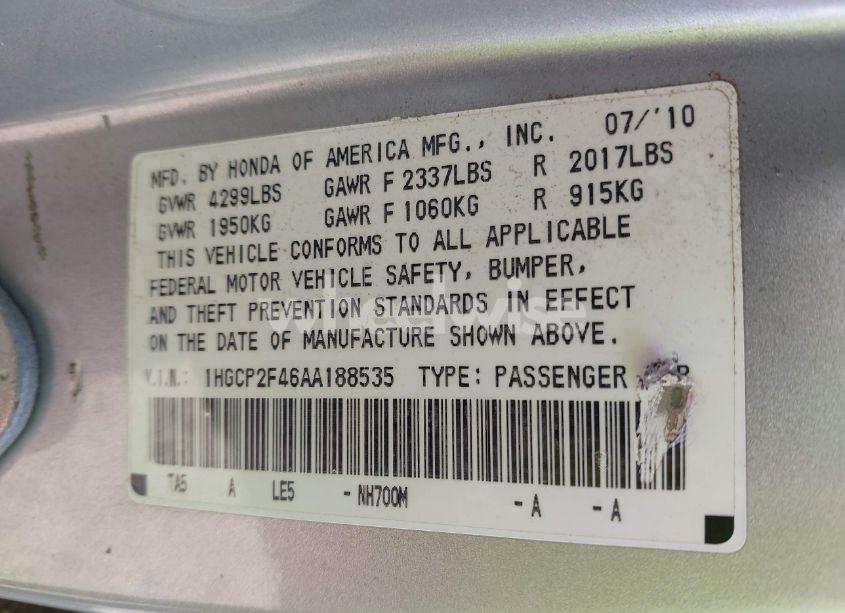 Photo 9 of 2010 Honda Accord 2.4 LX-P (VIN 1HGCP2F46AA188535)