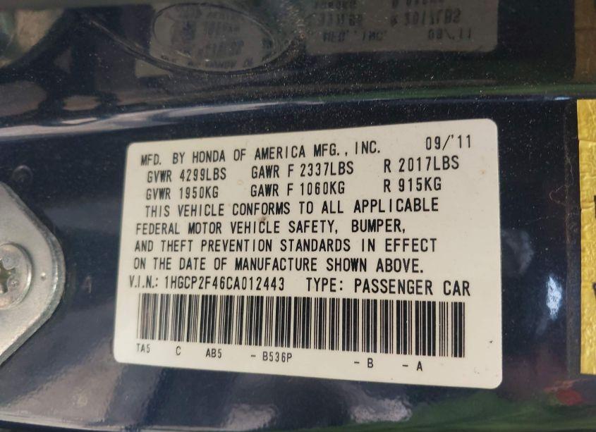 Photo 9 of 2012 Honda Accord 2.4 LX-P (VIN 1HGCP2F46CA012443)